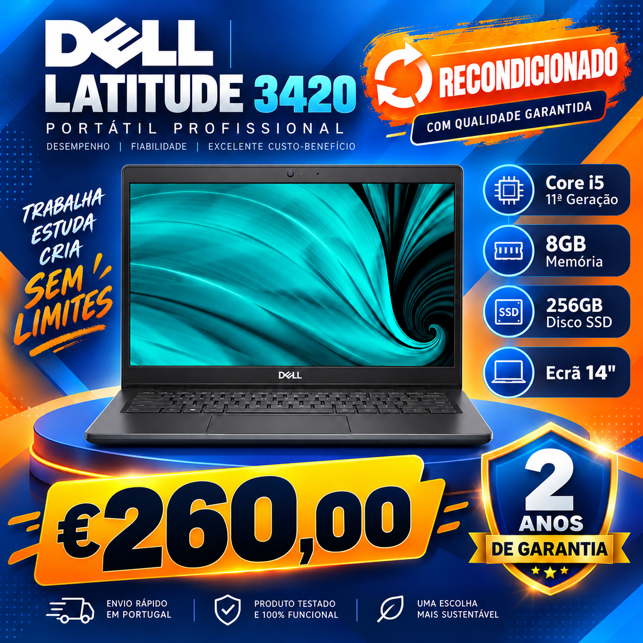 Portátil Dell Latitude 3420 Core i5-11ªGen 8Gb 256Gb SSD 14"